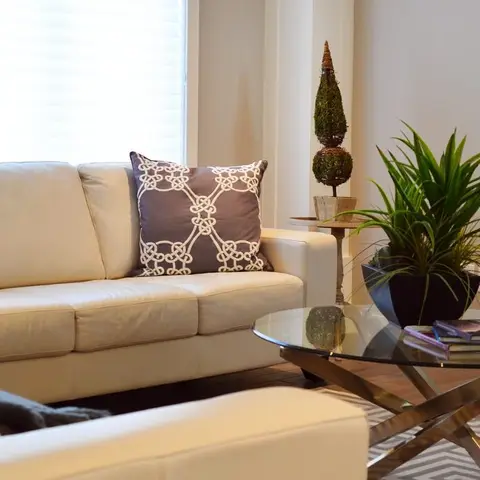 Close-up of a cream leather sofa styled with damask-pattern throw pillows beside a glass-and-chrome coffee table, potted plants