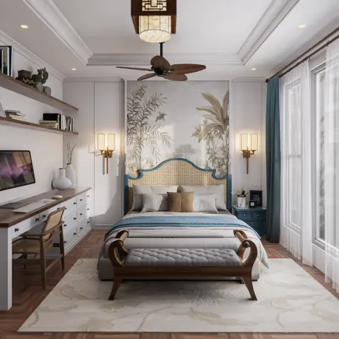 Colonial-styled bedroom with a tropical foliage mural panel behind a caned blue-framed headboard, brass sconces either side, teal drapes over sheers