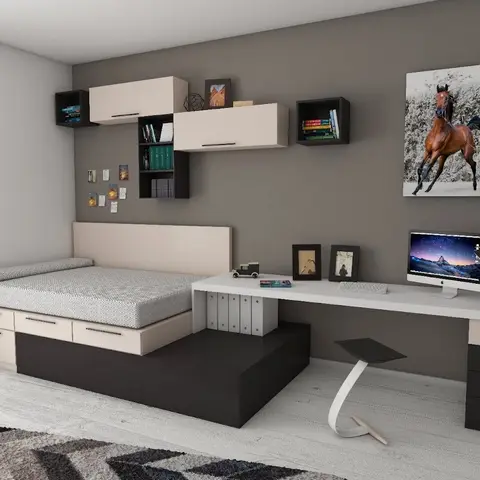 Compact bedroom render with a built-in storage bed and a matching study desk with drawers along the same wall, under a large horse print.
