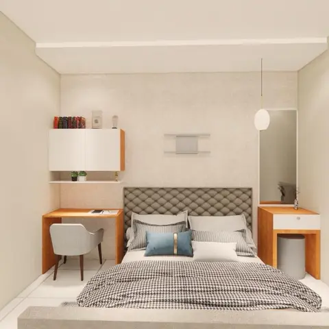 Compact bedroom render with a diamond-tufted grey headboard on ivory patterned wallpaper