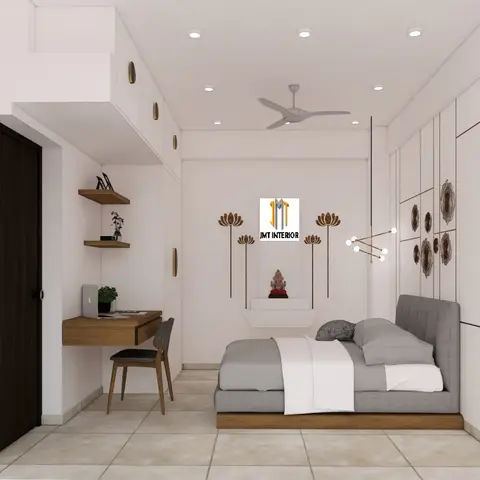 Compact bedroom render with a grey upholstered bed on a wooden plinth, a wall-hung timber study desk with corner shelves