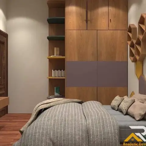 Compact bedroom render with a walnut-laminate wardrobe wall banded in mauve, honeycomb open shelves climbing the side wall and a slim study ledge opposite the