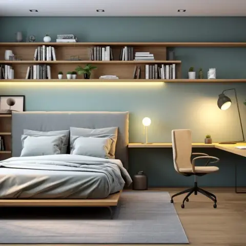 Compact bedroom render with three full-width oak book shelves spanning the wall above the bed, an LED strip washing the sage-teal paint behind the headboard
