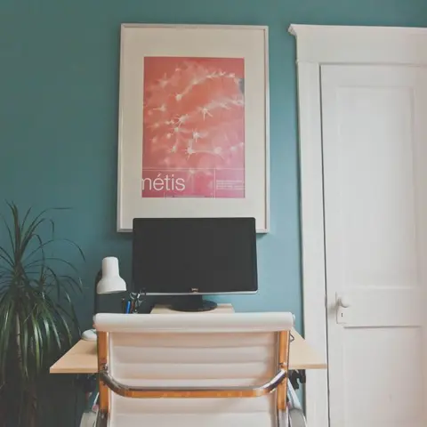 Compact home-office nook with a teal accent wall, a single framed pink art print, and a wall-mounted desk holding a monitor beside a leafy dracaena plant.
