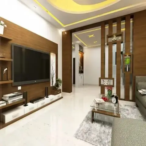 Compact living room render with a walnut-clad TV panel over white drawer units and open display shelves, a curved yellow cove-lit POP ceiling