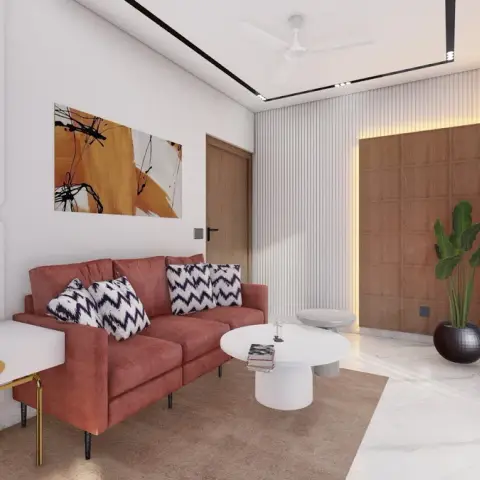 Compact living room render with a terracotta three-seater and zigzag cushions under a black-and-orange abstract canvas