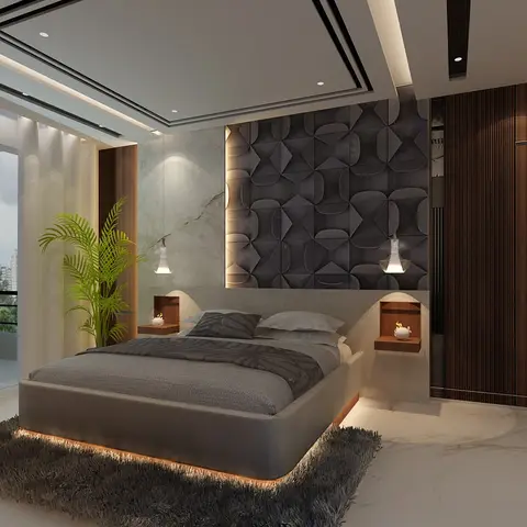 Contemporary master bedroom with a 3D geometric textured accent wall, a floating bed with under-bed LED lighting