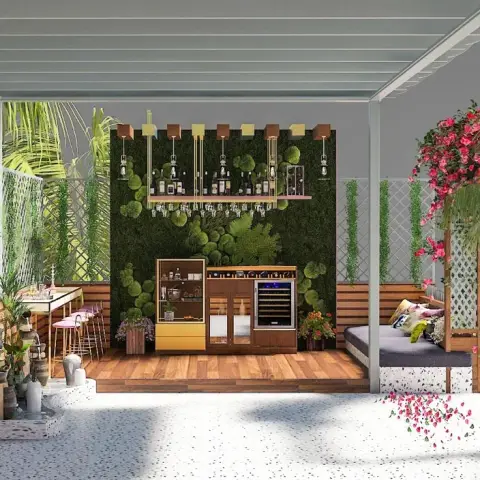 Covered rooftop terrace with a built-in bar unit set against a living moss wall, a wood-decked bar counter with stools