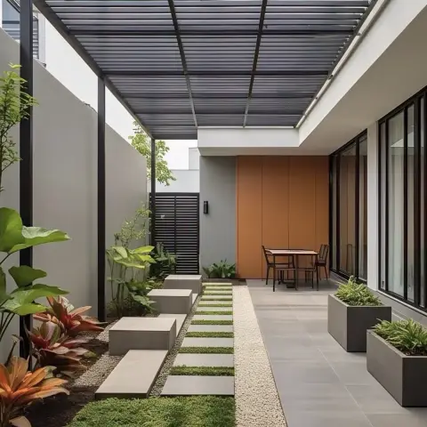 Covered side courtyard of a house under a black steel louvred pergola, with a grass-and-pebble strip inlaid between grey porcelain slabs and a rust-orange clad