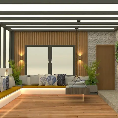 Covered terrace with a pergola roof, an L-shaped built-in bench in mustard cushions with coastal-print pillows, a hanging wood swing