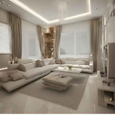 Cream and beige living room with a crystal cylinder chandelier, cove-lit ceiling, an L-shaped sofa