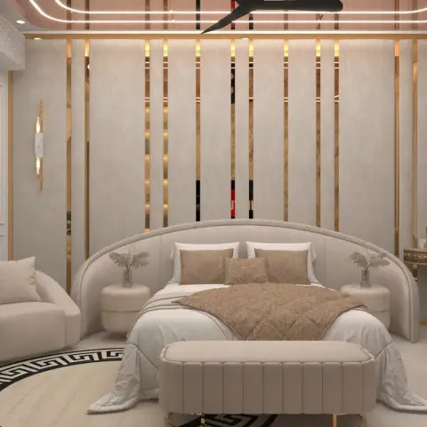 Cream bedroom where a fluted headboard wall is split by brass reveals, with a curved upholstered headboard