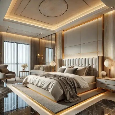 Cream channel-and-block upholstered headboard wall inlaid with brass lines, with the bed raised on a marble-edged platform lit by an LED reveal