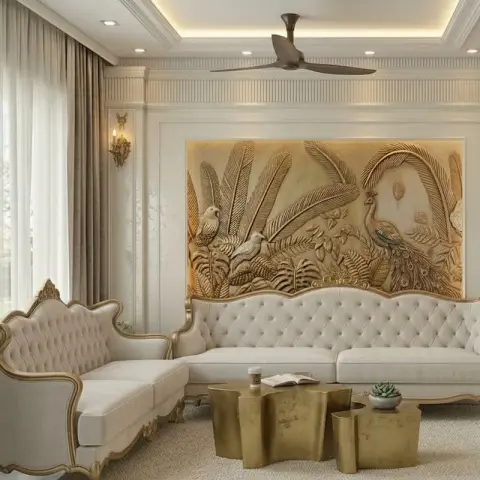 Cream classical living room built around a large carved relief panel of peacocks and palm fronds, backlit in its recess above a gilt-framed button-tufted sofa