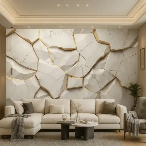 Cream L-sectional set against a full-wall sculpted relief of cracked stone slabs seamed with gold, under a stepped cove ceiling