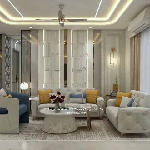 Cream living-room render with two button-tufted sofas and a blue accent armchair drawn around a fluted drum coffee table