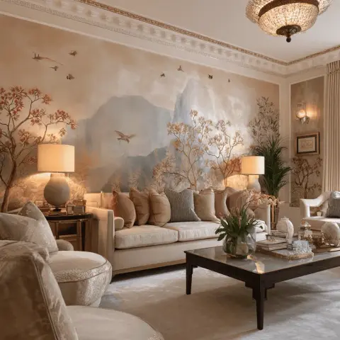 Cream loose-covered sofas and a dark lacquer coffee table against a blossom-and-mountain chinoiserie mural