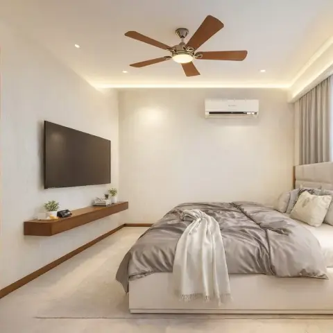 Cream upholstered box bed with a tall grid-tufted headboard and grey silk bedding, facing a wall TV over a slim floating teak ledge