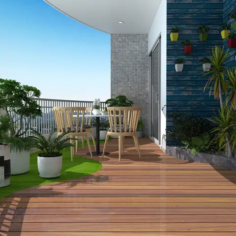 Curved apartment balcony render with wood decking meeting artificial turf, a small cafe table and chairs