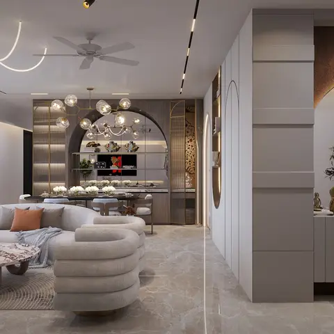 Curved boucle sofa and marble coffee table in an open living-dining space, framed by an arched display niche with a bubble-glass chandelier.