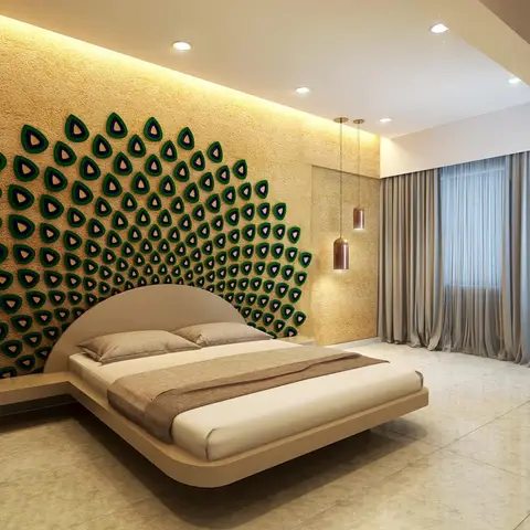 Curved cantilevered platform bed with an attached side ledge, set under a fanned peacock-feather wall installation in green and gold on a rough sand-textured