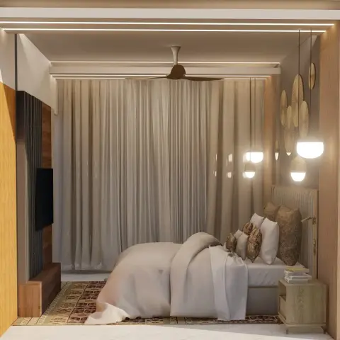 Cutaway render of a bedroom looked into from over the wall - greige sheers drawn across the entire back wall