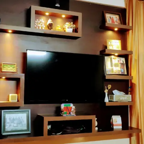 Dark brown TV feature wall with backlit cubby shelving displaying family photo frames and curios, gold curtain to the side
