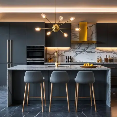 Dark charcoal matte kitchen with a book-matched white marble backsplash, a brass sputnik chandelier, brass box cooker hood