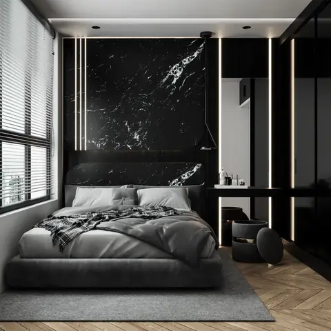 Dark moody bedroom render with a black-marble headboard feature wall lit by vertical LED strips, a grey upholstered platform bed, glossy black wardrobe wall