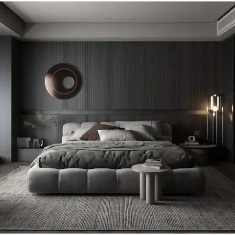 Dark moody bedroom render with fluted charcoal wall panelling behind the bed, a round copper-rimmed mirror, and a tufted bench at the foot of the bed.