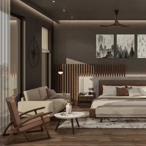 Dark textured-wall bedroom with a vertical wood-fluted headboard panel, leather-upholstered bed and an attached loveseat-and-armchair sitting area beside the