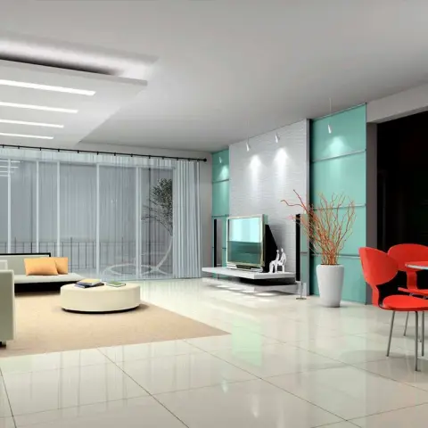Dated render of a living room opening into a dining corner, with mint back-painted glass panels behind a floating TV console