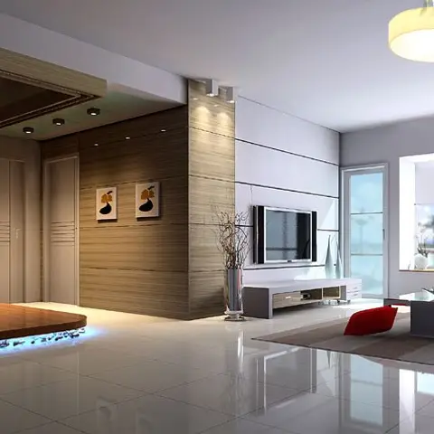 Dated render of a sea-facing living room where a white horizontal-panel TV wall meets a tall wood-veneer wall with two framed prints