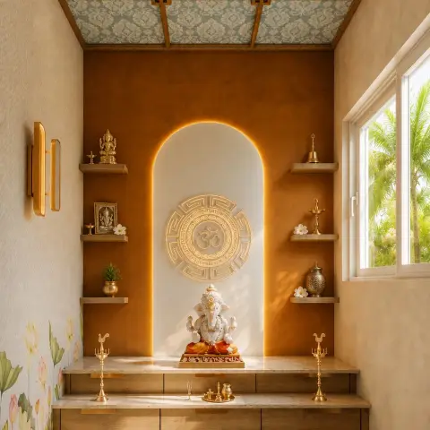 Dedicated pooja room render with an ochre textured wall, a backlit arched recess carrying a carved Om medallion above a marble Ganesha