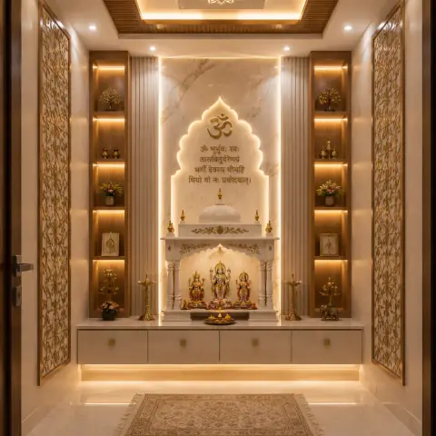 Dedicated pooja room where a carved white marble mandir sits under a gold Gayatri mantra engraved on a backlit arched marble backdrop