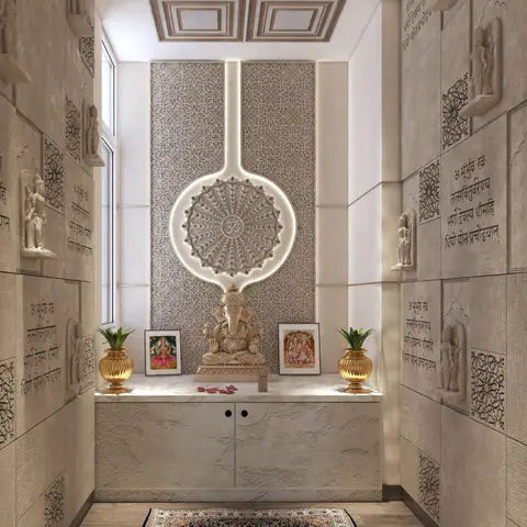 Dedicated pooja room with carved stone-textured walls bearing Sanskrit shlokas, a backlit circular Om medallion jaali panel above a marble-top Ganesh idol