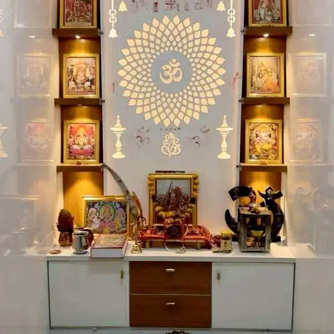 Dedicated pooja unit with a backlit frosted-glass Om and swastik motif panel, lit teak niches for deity frames on both sides