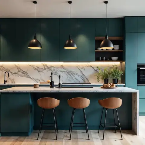 Deep teal matte-lacquer kitchen with a veined marble waterfall island seating three tan wood bar stools, book-matched marble backsplash