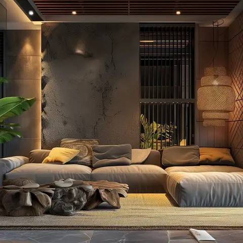 Dim wabi-sabi render of a lounge with a raw cracked-plaster feature wall grazed by light, a low modular sofa in mushroom linen