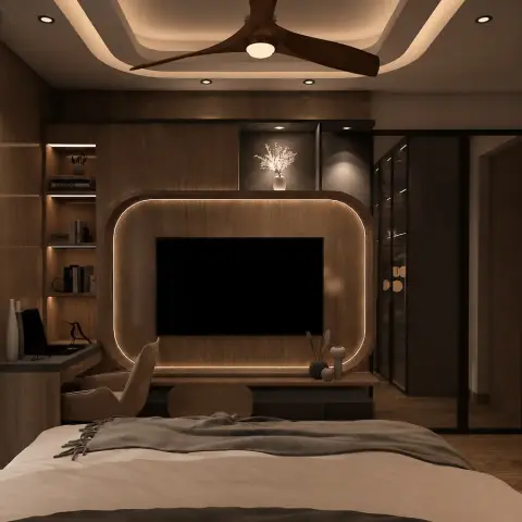Dimly lit bedroom seen from the foot of the bed: a stadium-shaped LED-outlined walnut TV panel on a full-height veneer wall