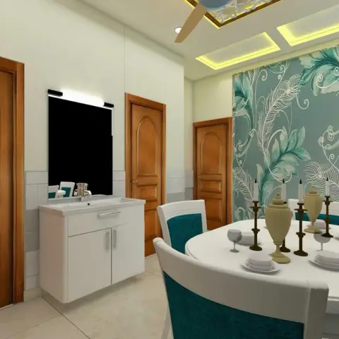 Dining area render where a teal feather-print wallpaper panel backs an oval white table with teal upholstered chairs
