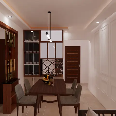 Dining area with a dark wood table and grey upholstered chairs beside a glass-front crockery cabinet with a metal wine-bottle rack