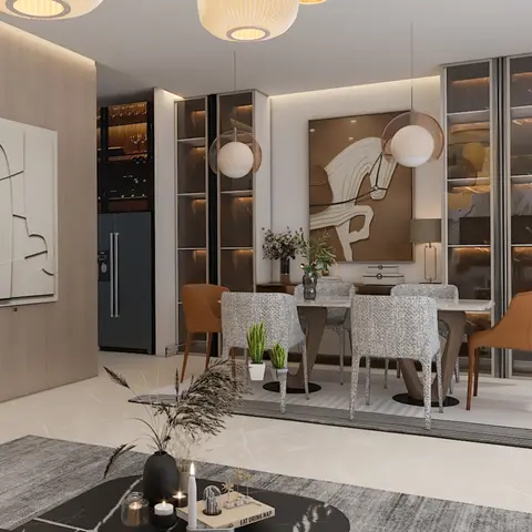 Dining area with a marble-top table and mixed grey boucle and tan leather chairs, flanked by backlit glass-front display cabinets and a large abstract horse