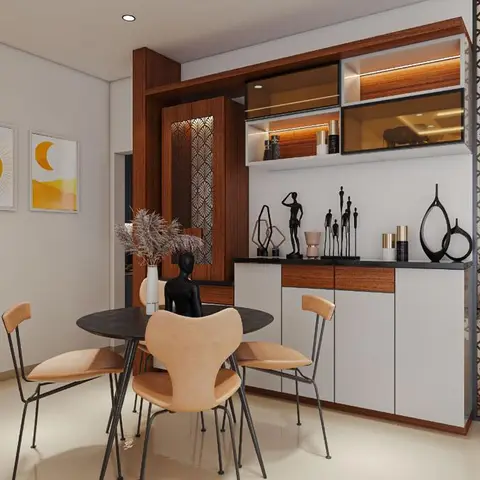 Dining corner with a round black table and tan tulip-style chairs facing a backlit wood-and-white crockery unit