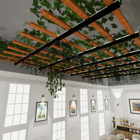 Dining/entrance area with a black-and-oak wood-slat pergola ceiling feature trailing with vine planting, classic white wainscoted walls hung with framed art