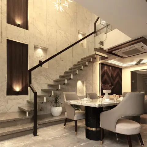 Dining nook beside a floating staircase, set against a book-matched marble slab wall with a starburst chandelier overhead.