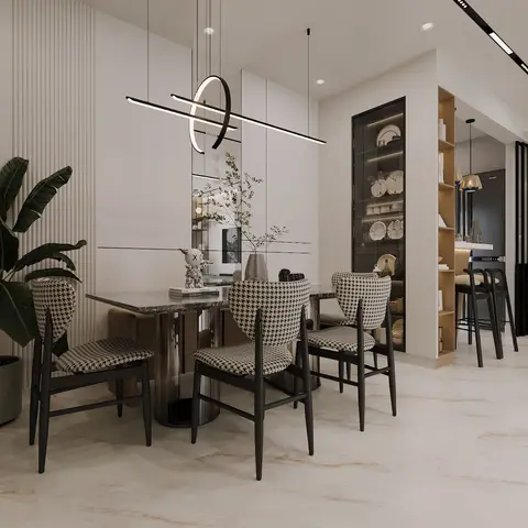 Dining nook with a marble-top table on a fluted metal pedestal, houndstooth-upholstered chairs, a ring-and-bar pendant fixture