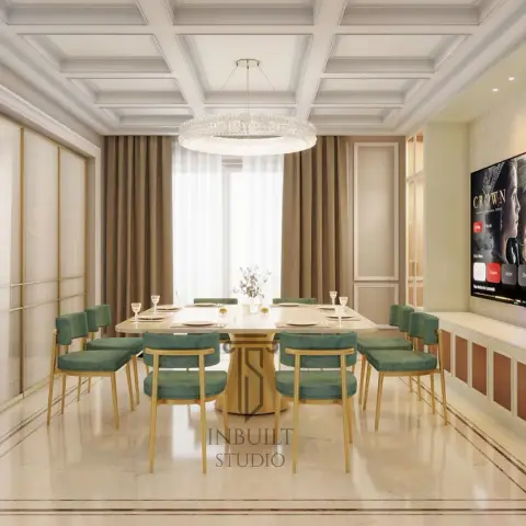 Dining room render seating ten around an oval marble table on a fluted gold pedestal