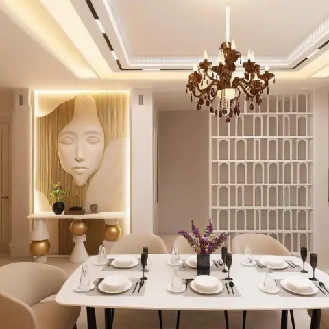 Dining room render with a backlit sculpted face relief on a fluted panel above a console on gold sphere legs