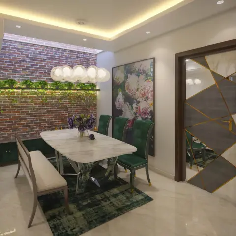 Dining room render with a marble-top table on a mirrored X-base ringed by emerald velvet high-back chairs and a cream bench